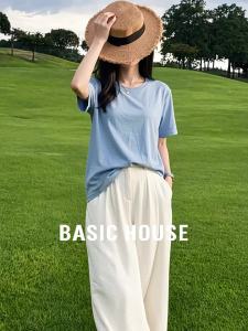 Basic House | Blue Linen Regular Short Sleeve T-shirts for Women Thin Round Neck