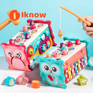 I know 8 in 1 Wooden Hammering Pounding Toys Music Fishing Game Xylophone Toy Pounding Bench Baby Sensory Developmental Toy Fine Motor Skill Preschool Toddler Activities Gift Montessori Educational Toys