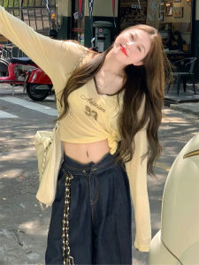 เสื้อยืดคอกว้างสไตล์อเมริกันย้อนยุคสำหรับผู้หญิง ฤดูใบไม้ผลิและฤดูใบไม้ร่วง ทรงหลวม แขนยาว บาง เสื้อคลุม เสื้อยืดคอกลม