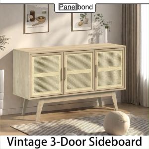 Panelbond rattan sideboard 50 inch modern rattan three door storage cabinet with solid wood legs for living room bedroom