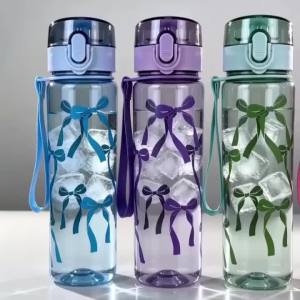560ML Solid Color/Clear Straight Sip Water Bottle with Bow Pattern Minimalist Large Capacity Leakproof Reusable Cup for Drinks