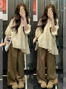 XUECAIQI | Large Size Lazy Style Irregular Hollow Out Design Shirt and Wide Leg Pants Set
