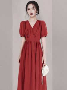 Elegant French V-neck Dress Midi Length Red Color Womens Fashion Skirt High Waist Polyester Fiber Summer Season A-line Dress