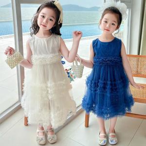 2026 New Korean-Style Dress for Children Girls Summer Sweet Vest Puffed Mesh Princess Dress
