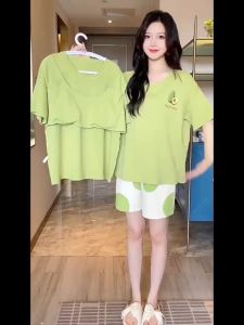 Korean Style Cartoon Pajamas Suit for Women Student Casual Loose Sleepwear Homewear with Chest Pad