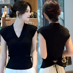 Áo Thun Tay Ngắn Ôm Vừa Vặn Phong Cách Hàn Quốc Cho Nữ Mùa Hè Mới Mỏng Nhẹ Áo Thun Cổ Chữ V Màu Trơn Chất Liệu Khác