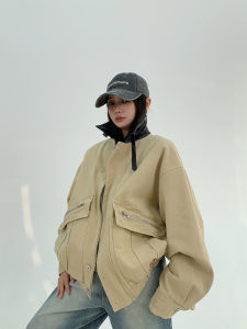 Retro American Rustic Style Short Jacket Womens Loose Fit Couples Coat Street Style Cotton Zipper Long Sleeve Pure Color