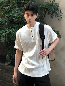 OUMULONG | Henry Collar Ribbed Texture Vintage Rich Style T-shirt
