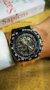 T-WINNER | WINNER Luxury Brand Gold Skeleton Mechanical Watch for Men Iced Out Dial Fashion Automatic Mens Watches Stainless Steel Strap