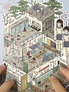 สติ๊กเกอร์ภูมิทัศน์ไมโครเทอร์เรอร์แบบใหม่ 3D สเตอริโอ ฉากจิ๋ว ภาพตัดปะ DIY กระท่อมลดแรงกด สติกเกอร์คู่มือ