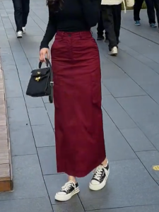 MANMI | Chân Váy Đỏ Vintage Cao Waisted Dài Thẳng Casual