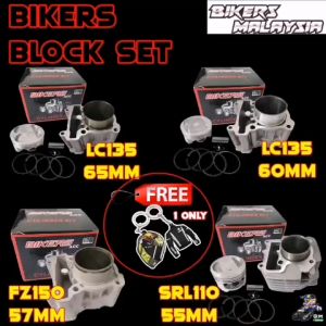 READY STOCK !! BUY ONE FREE KEY CHAIN !! BIKERSACC BLOCK RACING LC135 / EX5 / SRL110 ALLOY Y15ZR /FZ150 57MM CERAMIC SET WITH PISTON SET
