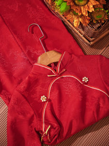 Red New Chinese Style Cheongsam Long Sleeve Wedding Dress for Women Engagement Party Wear Low Slit Vintage Design