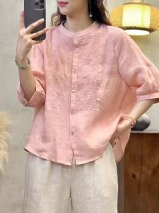 เสื้อเชิ้ตคอตั้งผ้าฝ้ายลินินปักลายระดับไฮเอนด์สำหรับฤดูร้อนปี 2025 เสื้อเชิ้ตทรงหลวมลำลองสำหรับผู้หญิงไซส์ใหญ่