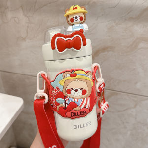 Childrens Double-walled Stainless Steel Insulated Water Bottle Straw Cup School Travel Cute Animal Pattern Portable Thermos