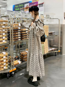 Korean Gentle Long Sleeve Dress Womens Loose Belly Covering French Style Slimming A-Line Skirt Polyester Fiber Printed Casual Dress