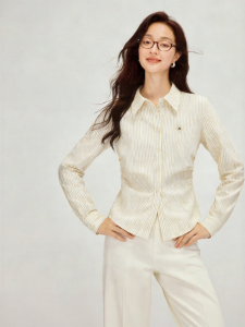 INMAN | Wrinkle-Resistant French Striped Slim-Fit Womens Long Sleeve Shirt Autumn Winter