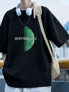 Retro American Cotton Short Sleeve T-Shirt Mens Trendy round Neck Half Sleeve Shirt Lunar Print Cool Feeling Summer Fashion