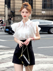 เสื้อเชิ้ตผู้หญิงแขนพองสไตล์ฝรั่งเศสสีขาว ผ้าชีฟอง แขนสั้น ดีไซน์ใหม่ ฤดูร้อน 2024 เสื้อเชิ้ตคอโปโลแขนยาวแบบปกติ