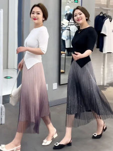 Graduated Color High Waist A-Line Mini Skirt Chiffon Shiny Skirt Womens 2025 New Mid-Length Skirts Luxury Summer