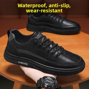 Anti-Slip Waterproof Black Leather Sneakers