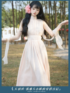 Elegant High Waist A-Line Dress Tianyu River Womens Sleeveless Waist-Cinching French Style Premium Quality Long Dress