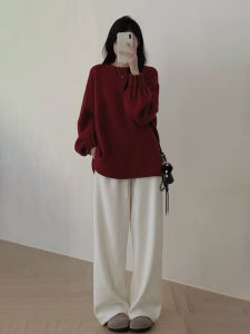 Thickened Autumn Winter Red Christmas Lantern Sleeve Sweater Pants Women Loose Feeling Lazy Style Two Piece Set Commute Style