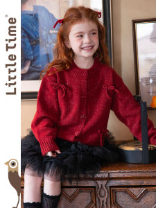 Girls Cardigan Bow-Knit Red New Year Sweater Jacket