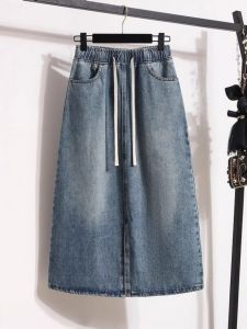 High Waist A-Line Denim Mini Skirt for Women Summer New Style plus Size Drawstring Elastic Waist Split Casual Office Wear