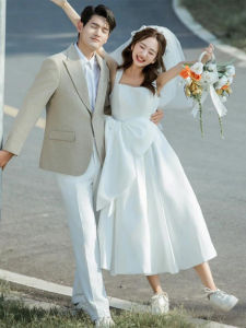 สไตล์ฝรั่งเศส งานแต่งงานแบบบางเบา เดรส ผ้าซาติน Halterneck Butterfly Knot Mid เอว กระโปรงทรงเอ ทางการ สำหรับงานกลางคืน ชุดราตรี สําหรับการถ่ายภาพท่องเที่ยวครั้งหมั้น