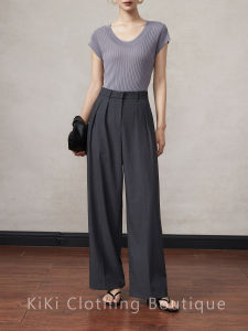 Grey High Waist Wide Leg Suit Pants Kiki Versatile Commute Pleated Meat Concealing Slimming Straight Cut Long Casual Trousers