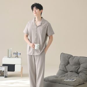 miiow | Pure Cotton Sleepwear Set For Men Summer Short Sleeve Long Pants Home Clothes Simple High-End Large Size Comfortable Breathable