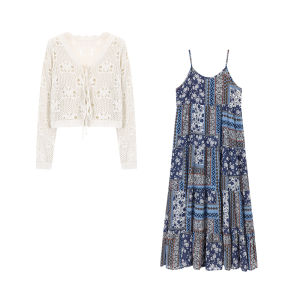 Beach Vacation Style Womens Knitted Hollow out Cardigan And Floral Print Halter Dress Two Piece Set Early Autumn Fashion