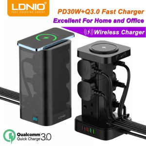 LDNIO Vertical Tower Power Socket 6 UK Outlets PD30W QC3.0 USB Type C Wireless Charger Multifunctional Storage Flame Retardant PC 2500W 2 Meters Cable for UK