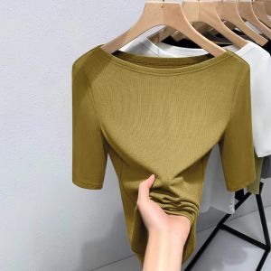 Áo Thun Modal Tay Lửng Một Bên Vai Mỏng Co Giãn Mùa Xuân Hè Cho Nữ Áo Thun Cotton Pha Trộn Thường Ngày Dài Tay Cổ Tròn