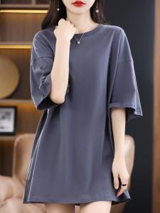 Summer Cotton T-Shirt Womens Loose Fit Mid-Length Short Sleeve Printed Casual Style Breathable Comfortable Mid-Length Top