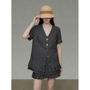 GULILI | Gray Linen Short Sleeve Shirt Pleated Skirt Pants