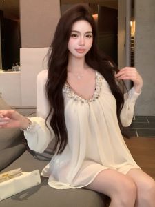 GUZILIAN | Elegant U-Neck Chiffon Shirt Womens Long Sleeve Spring Design Slimming French Style Pure Desire Commute Fashion Loose Fit