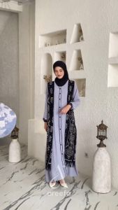 AREEFA Dress Gamis Tenun Etnik Wanita Dewasa Busui Jumbo Muslim Lebaran Terbaru Elegan Kekinian Abu