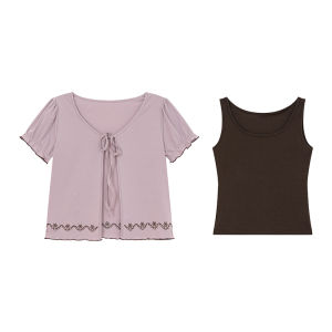 Lace-up Embroidery Womens Two-piece Set for Summer Vacation
