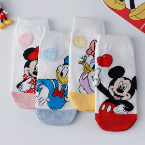 Disney | 4 Pairs of Fashionable Sweet and Cute Womens Disney Cartoon Printed Soft Cotton Ankle Socks Kawaii Anime Girl Gift Short Socks