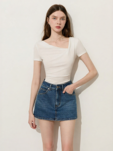 D-PLAY | Chic Comfort Summer Short Sleeve Oblique Neck Women T Shirt
