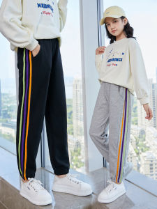 Girls Cotton Sports Pants Spring Autumn Loose Long Trousers Big Kids Casual Sweatpants High Waist Elastic Belt Ballet Bear