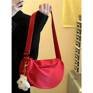 Red Dumpling Shaped Sports Nylon Crossbody Bag Womens Casual Versatile Shoulder Bag Leisure Tote Bag Single Strap Zipper