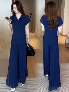 แฟชั่น 2 ชิ้นชุดผู้หญิงฤดูร้อน 2024 Chic Slimmingเสื้อชีฟองเอวสูงกางเกงขากว้างเส้นใยโพลีเอสเตอร์วัสดุ