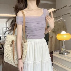 CHOEFULYN | Áo Thun Ôm Off-Shoulder Tím Phối MESH