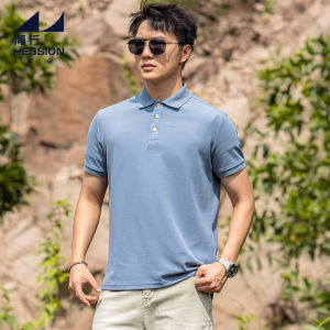 HESSION | Men Breathable Short Sleeve Polo Shirt Outdoor Silk Cotton Gray Blue