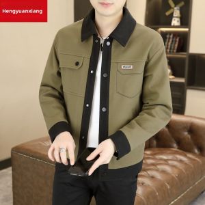 HENGYUANXIANG | High-End Casual Color Block Short Jacket For Men Spring Autumn New Style Fashionable Urban Loose Fit Button Decorated Polyester Fiber
