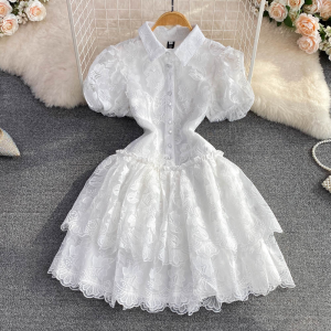 Retro Summer Fairy Tale Embroidered White Bubble Sleeve Polo Collar A-Line Cake Dress Womens Fashion Korean Style High Waist Short Sleeve Midi Dress