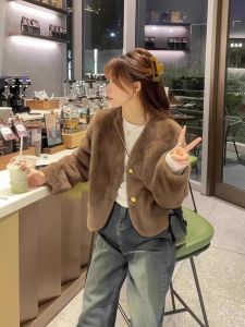 Áo Khoác Da Lông Ngắn Dày Thời Trang Thu Đông Áo Len Cardigan Cổ Chữ V Màu Trơn Dáng Rộng Cho Nữ